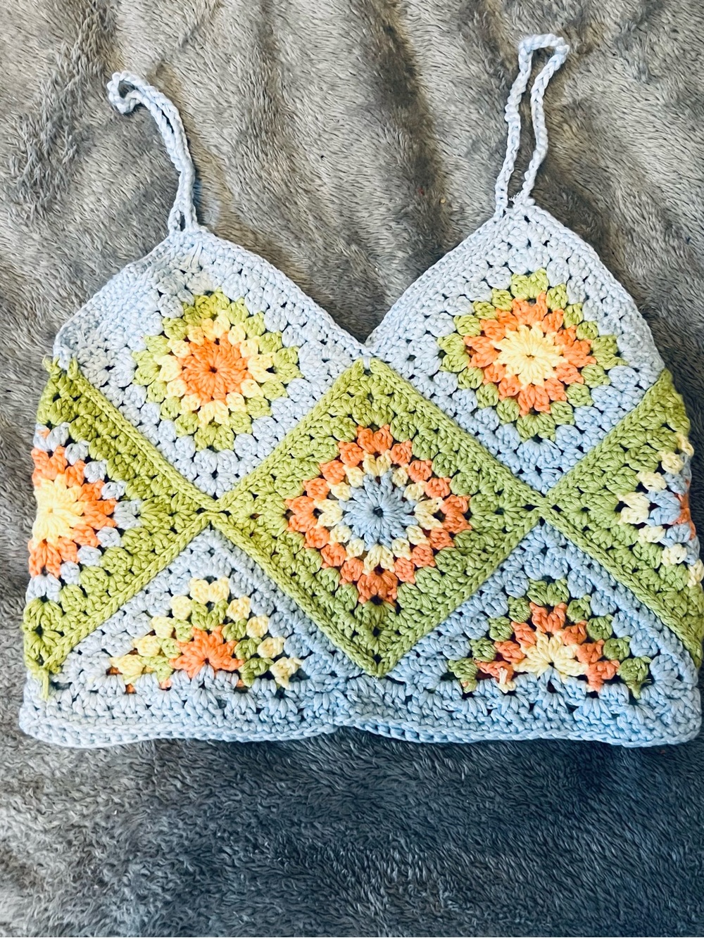 Crochet Square-Panel Crop Top with Spaghetti Straps - Green/Blue/Peach